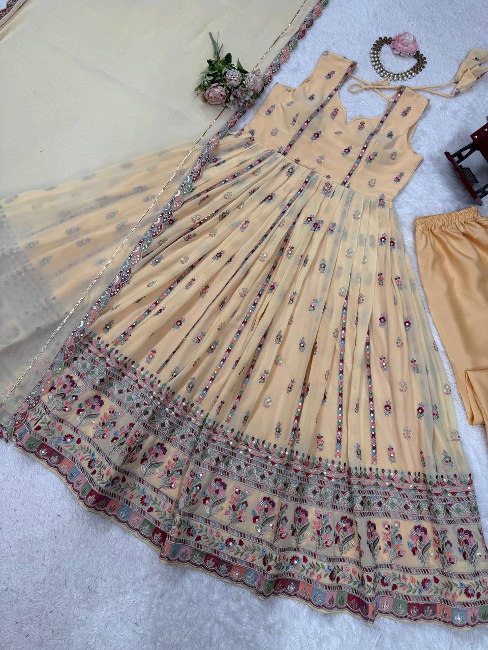 Cream Elegant Faux Georgette Thread & Sequin Work Suit Set with Dupatta – Fully Stitched