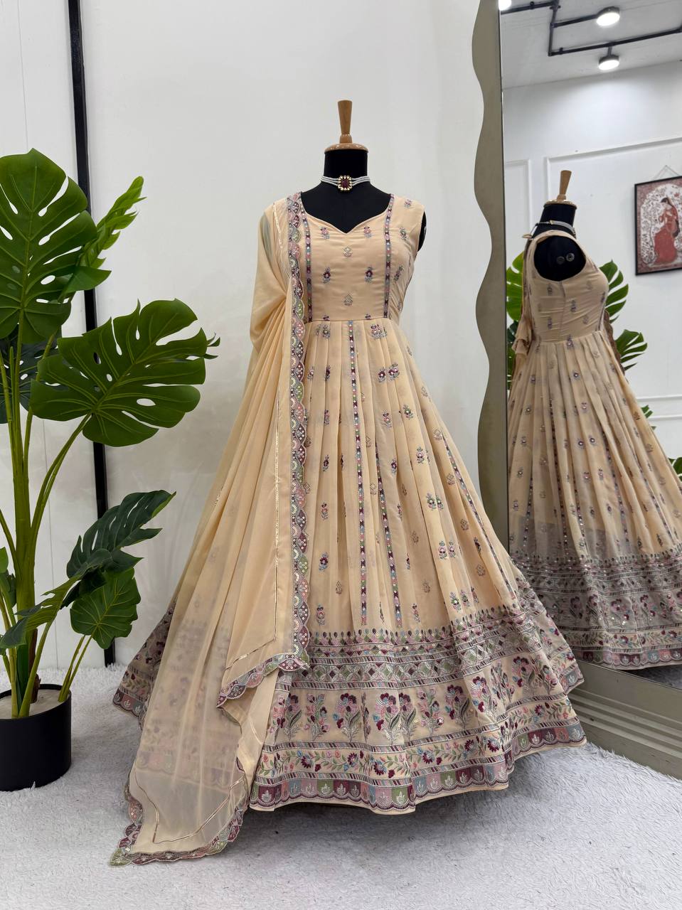 Cream Elegant Faux Georgette Thread & Sequin Work Suit Set with Dupatta – Fully Stitched