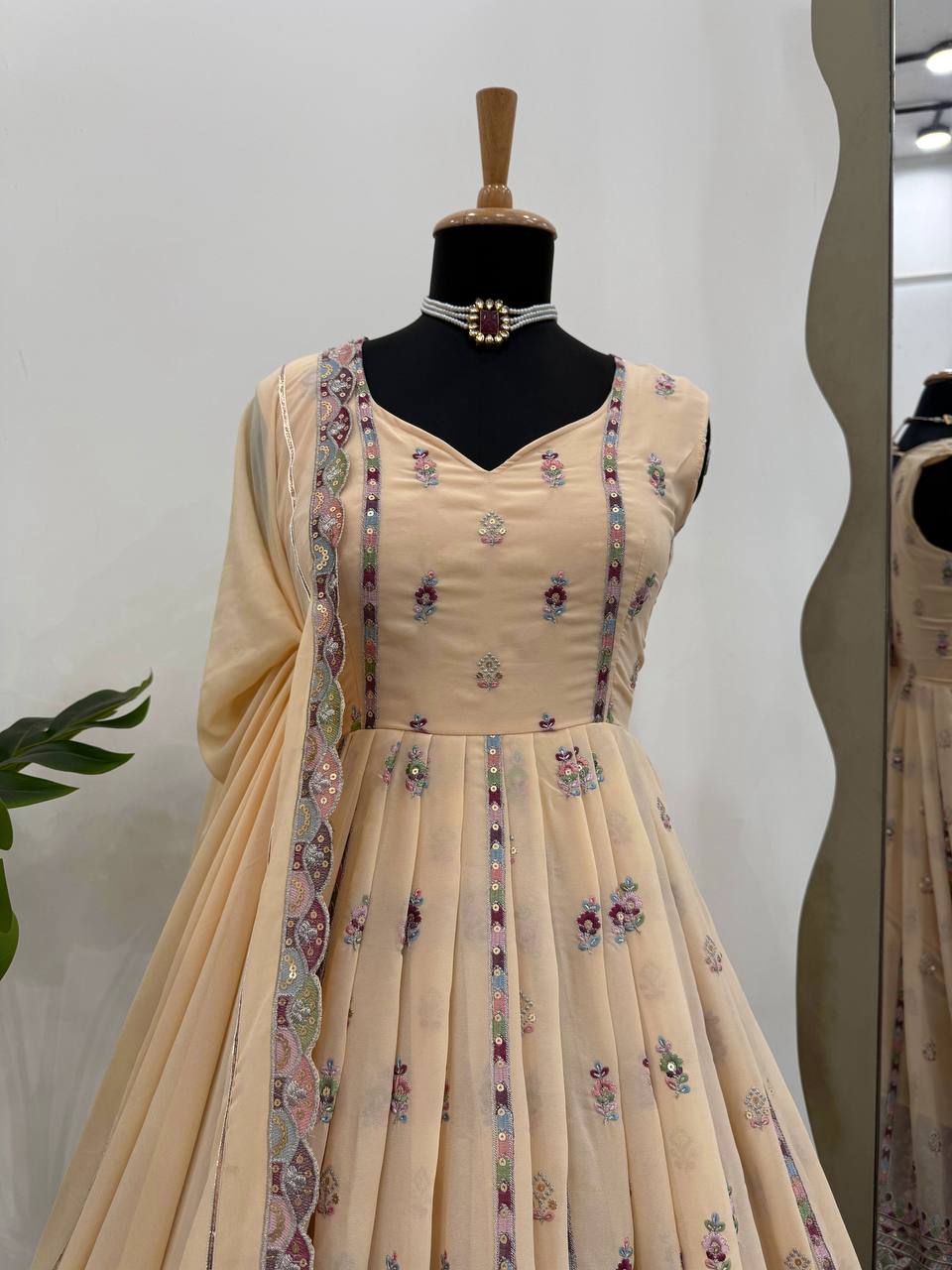 Cream Elegant Faux Georgette Thread & Sequin Work Suit Set with Dupatta – Fully Stitched