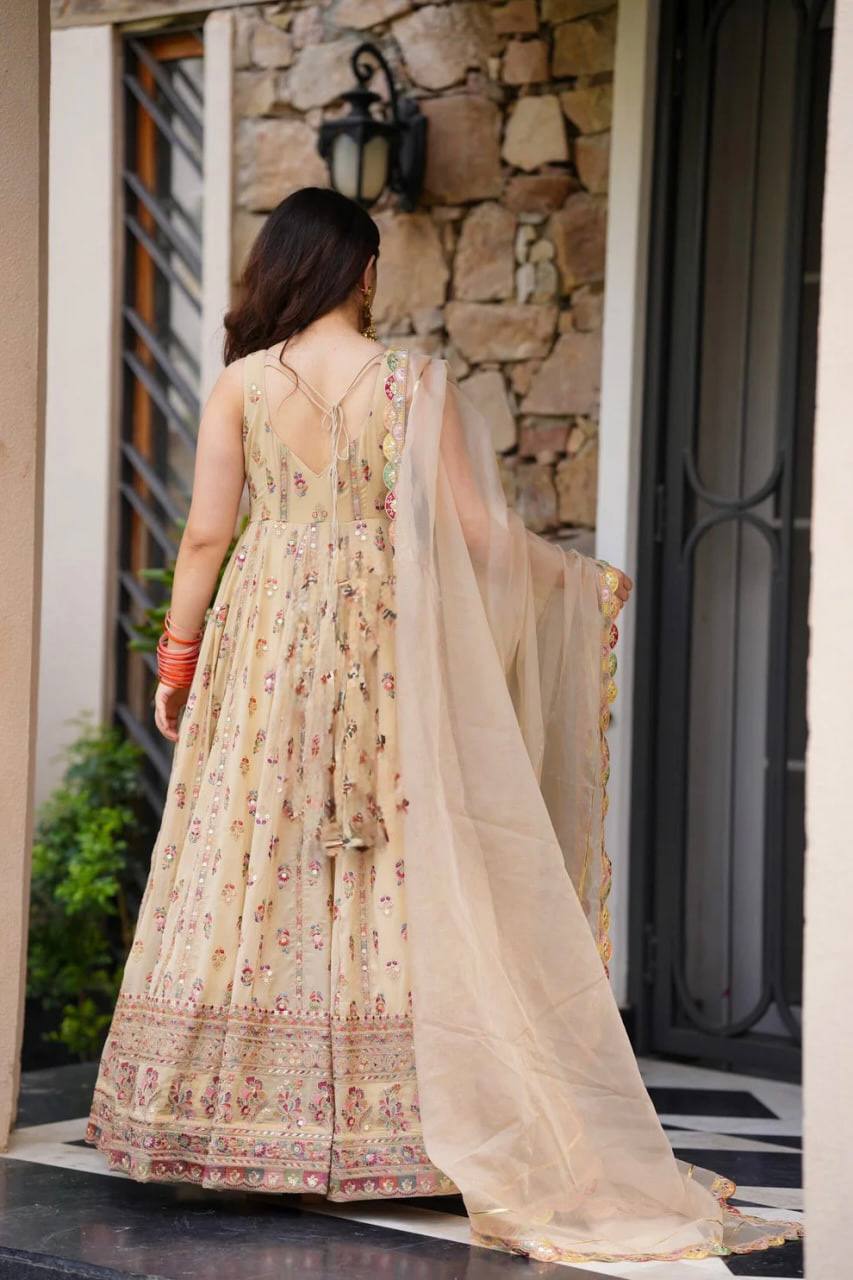 Cream Elegant Faux Georgette Thread & Sequin Work Suit Set with Dupatta – Fully Stitched
