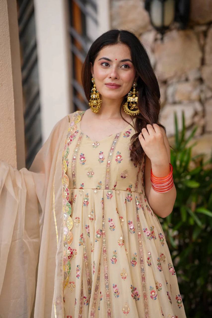 Cream Elegant Faux Georgette Thread & Sequin Work Suit Set with Dupatta – Fully Stitched