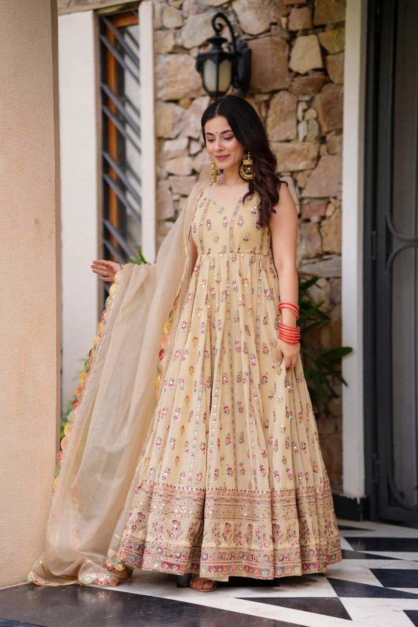 Cream Elegant Faux Georgette Thread & Sequin Work Suit Set with Dupatta – Fully Stitched