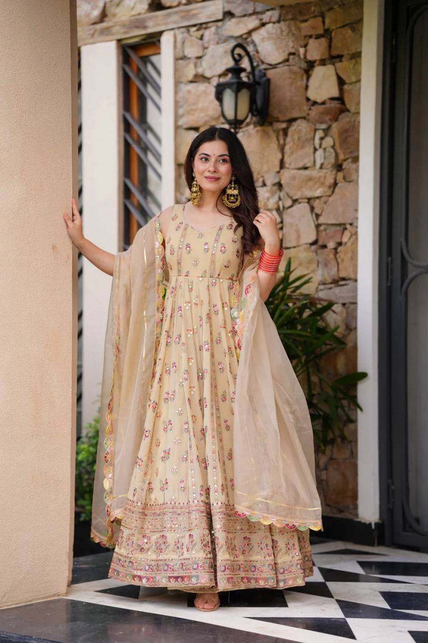 Cream Elegant Faux Georgette Thread & Sequin Work Suit Set with Dupatta – Fully Stitched