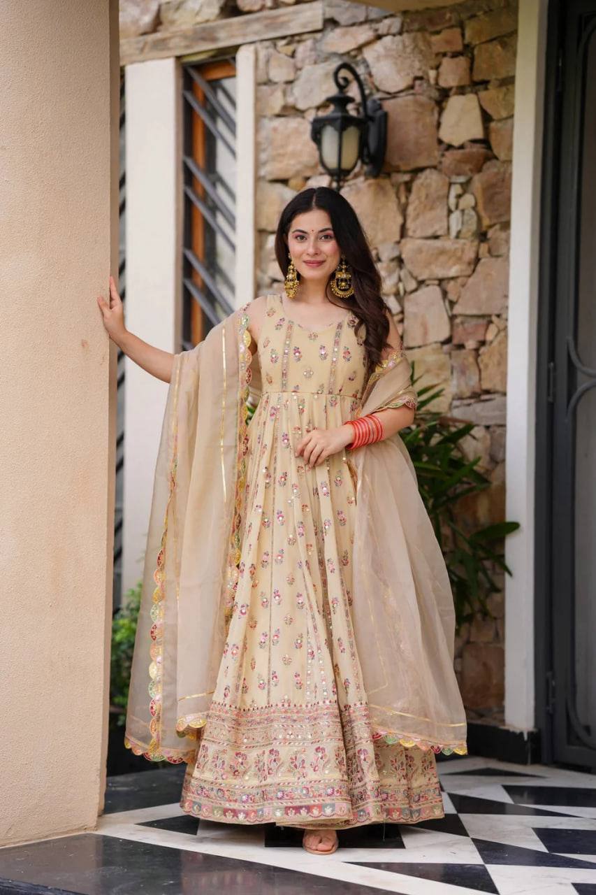 Cream Elegant Faux Georgette Thread & Sequin Work Suit Set with Dupatta – Fully Stitched