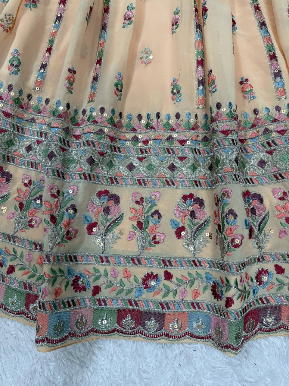 Cream Elegant Faux Georgette Thread & Sequin Work Suit Set with Dupatta – Fully Stitched