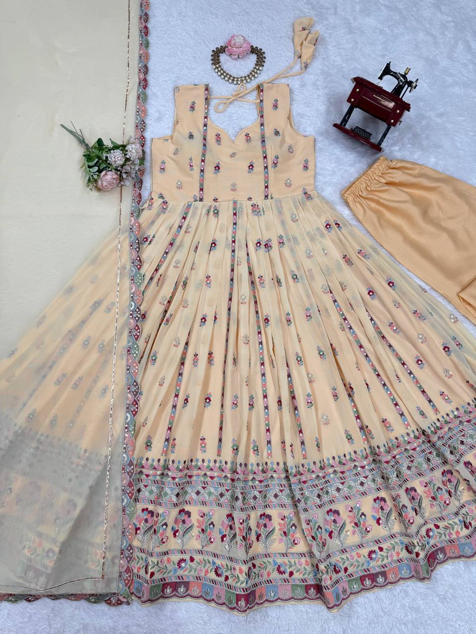 Cream Elegant Faux Georgette Thread & Sequin Work Suit Set with Dupatta – Fully Stitched