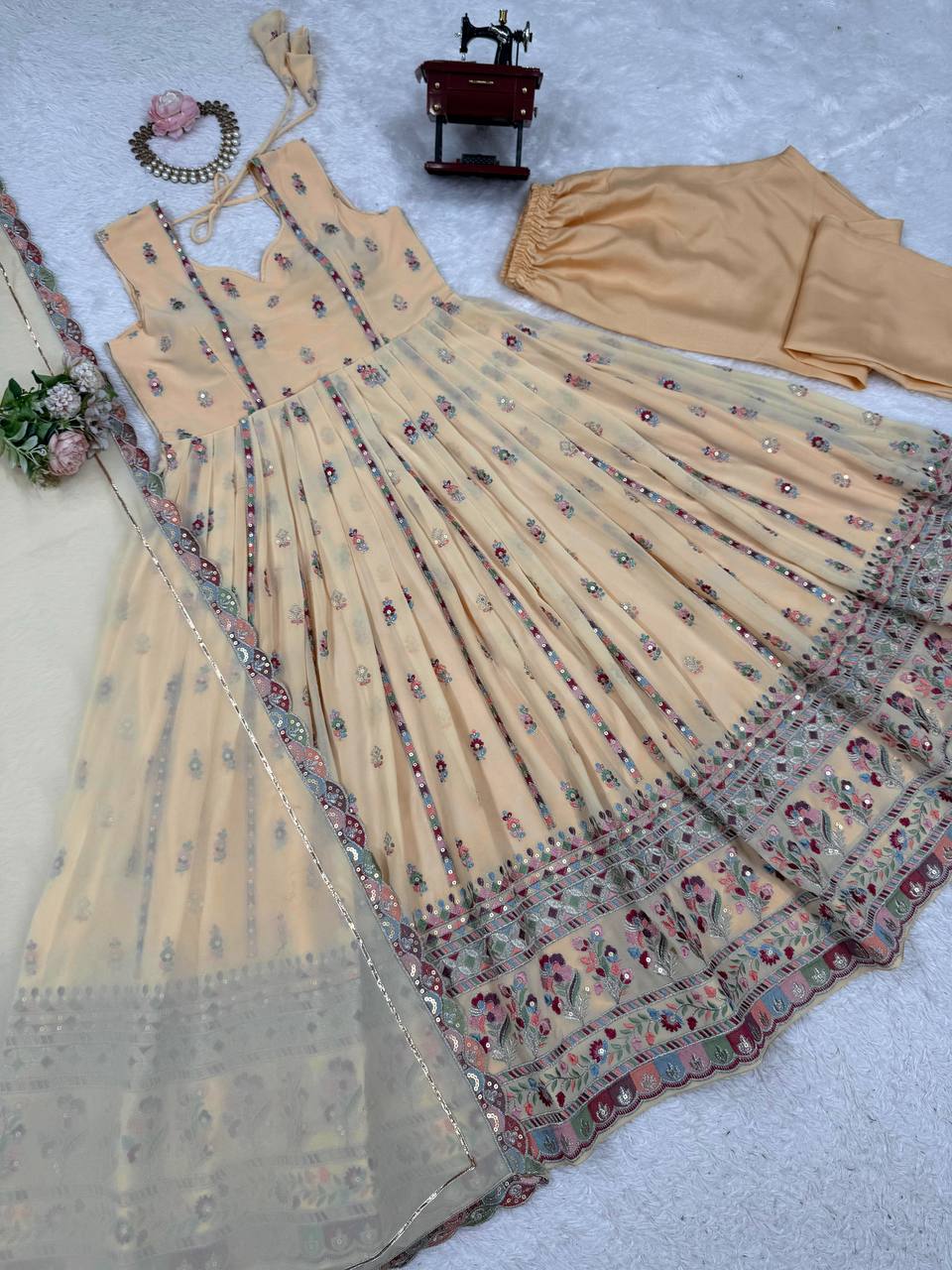 Cream Elegant Faux Georgette Thread & Sequin Work Suit Set with Dupatta – Fully Stitched