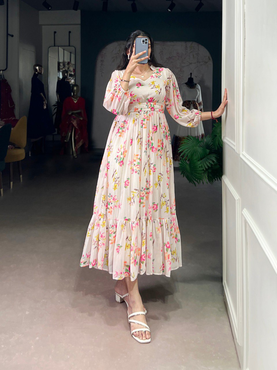 Cream Elegant Floral Print Georgette Stitched Frock with Micro Crepe Lining – 4 Meter Flair