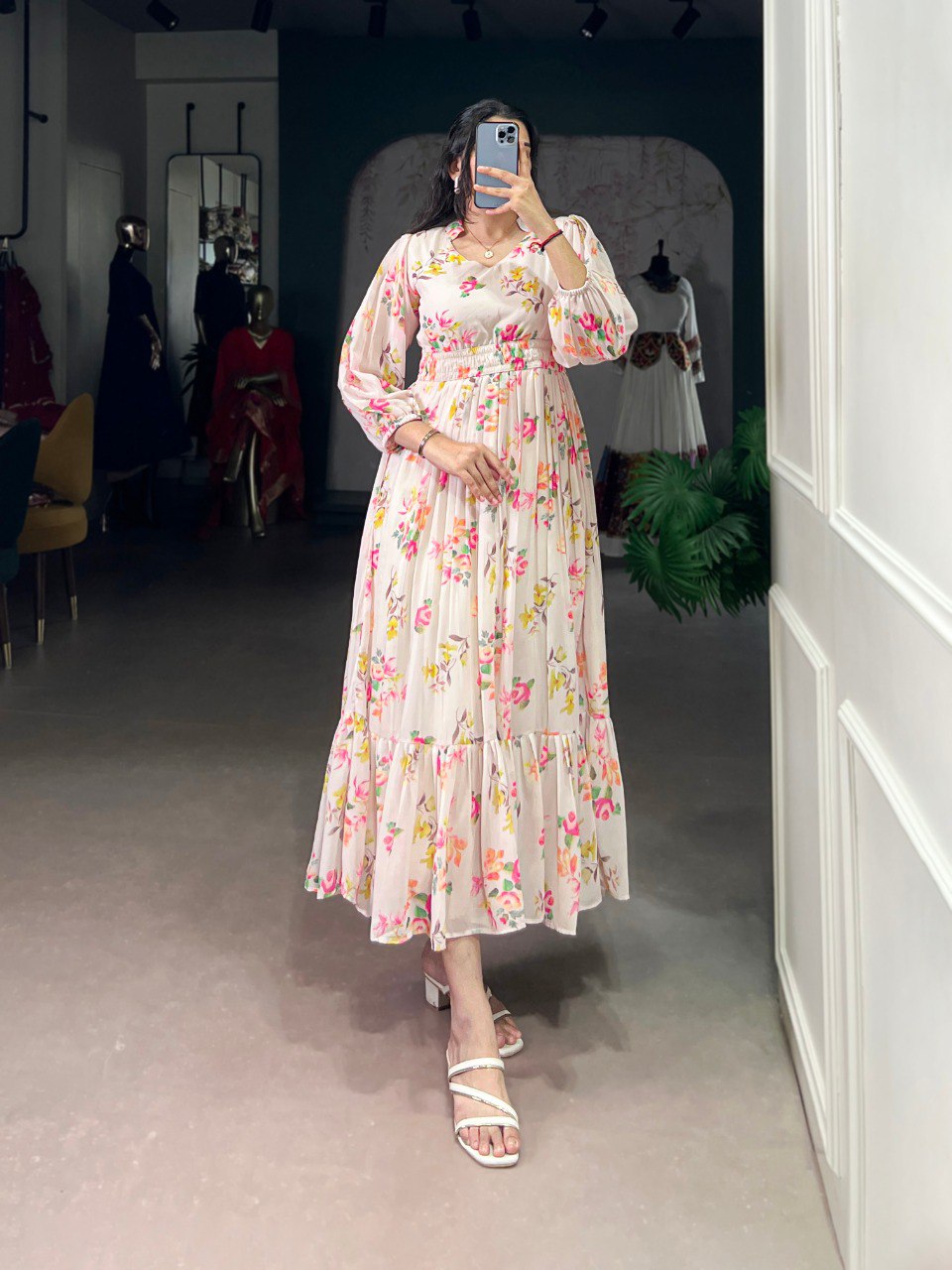 Cream Elegant Floral Print Georgette Stitched Frock with Micro Crepe Lining – 4 Meter Flair