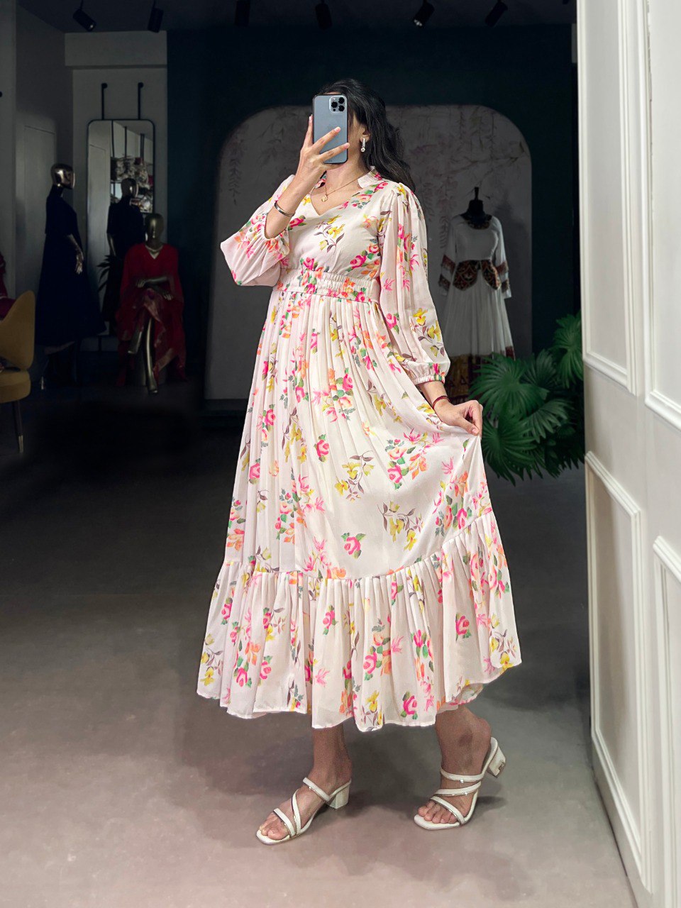 Cream Elegant Floral Print Georgette Stitched Frock with Micro Crepe Lining – 4 Meter Flair