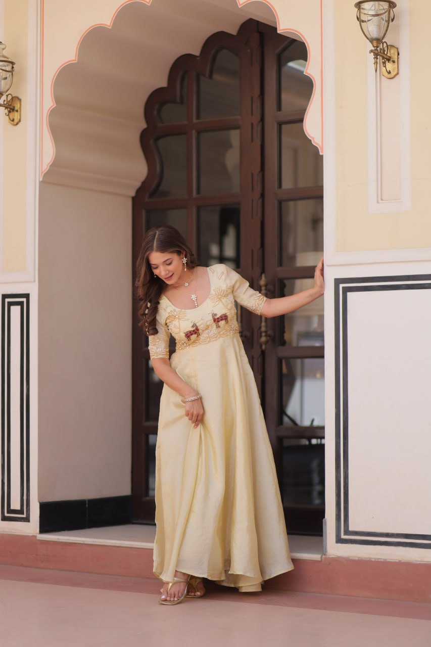 Cream Elegant Gold Crush Embroidered Gown for Women 8 Meter Umbrella Flair Party & Festive Wear