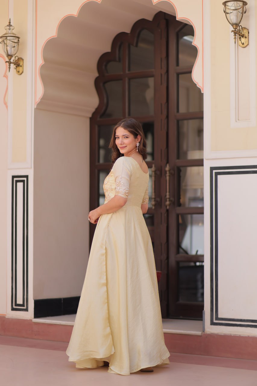 Cream Elegant Gold Crush Embroidered Gown for Women 8 Meter Umbrella Flair Party & Festive Wear