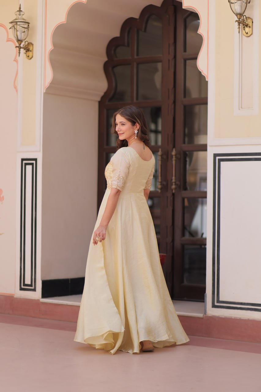 Cream Elegant Gold Crush Embroidered Gown for Women 8 Meter Umbrella Flair Party & Festive Wear