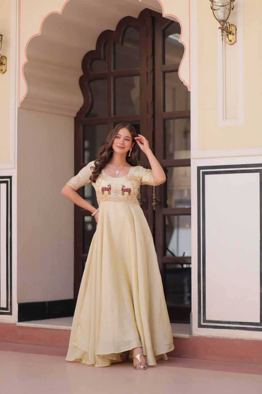 Cream Elegant Gold Crush Embroidered Gown for Women 8 Meter Umbrella Flair Party & Festive Wear