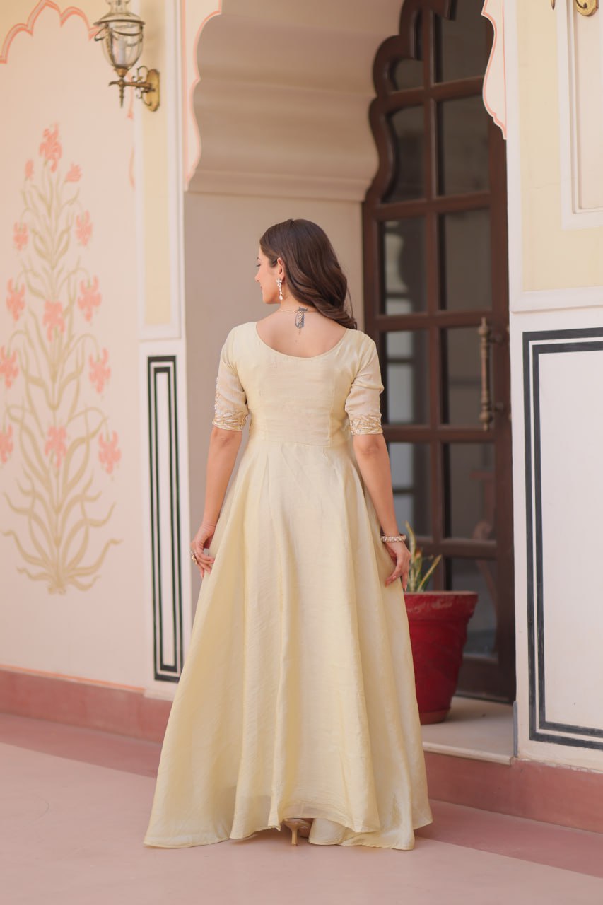 Cream Elegant Gold Crush Embroidered Gown for Women 8 Meter Umbrella Flair Party & Festive Wear