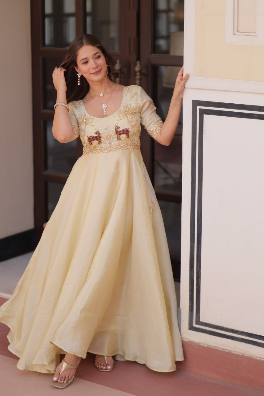 Cream Elegant Gold Crush Embroidered Gown for Women 8 Meter Umbrella Flair Party & Festive Wear