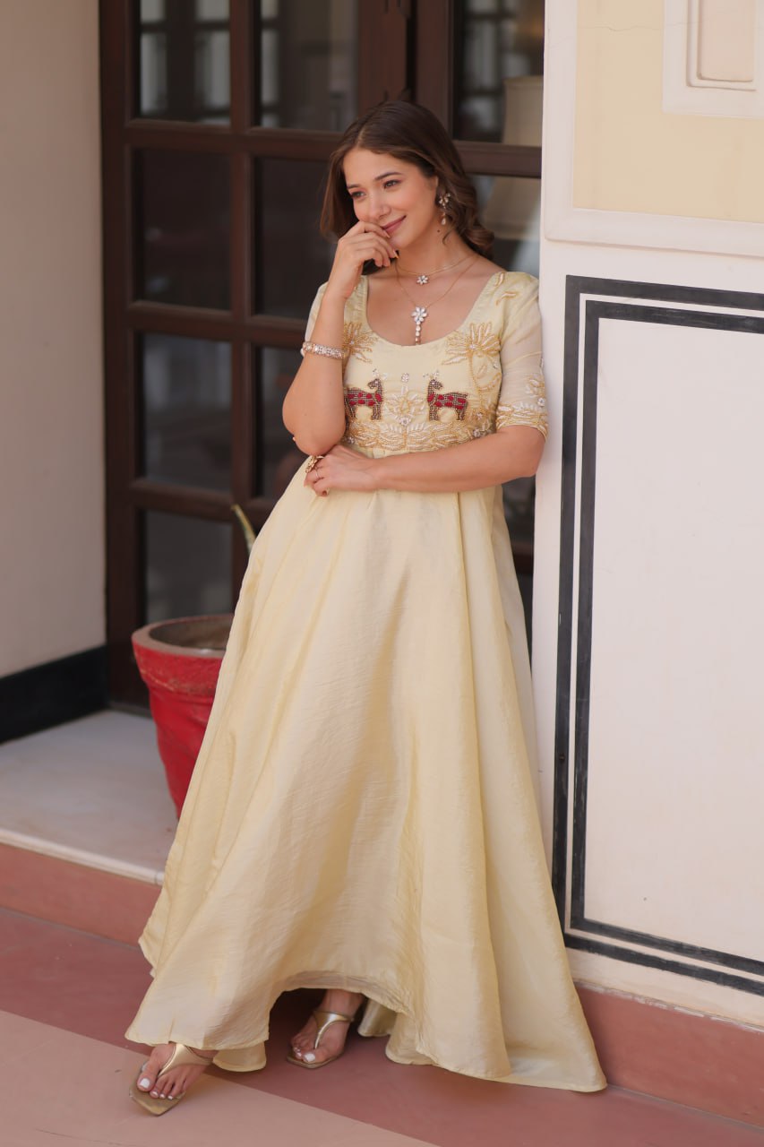 Cream Elegant Gold Crush Embroidered Gown for Women 8 Meter Umbrella Flair Party & Festive Wear