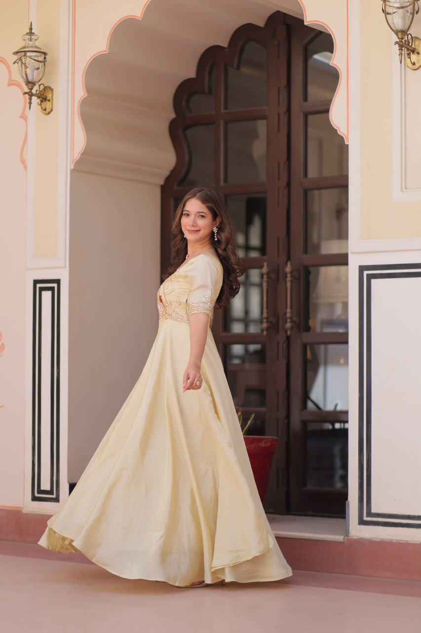 Cream Elegant Gold Crush Embroidered Gown for Women 8 Meter Umbrella Flair Party & Festive Wear