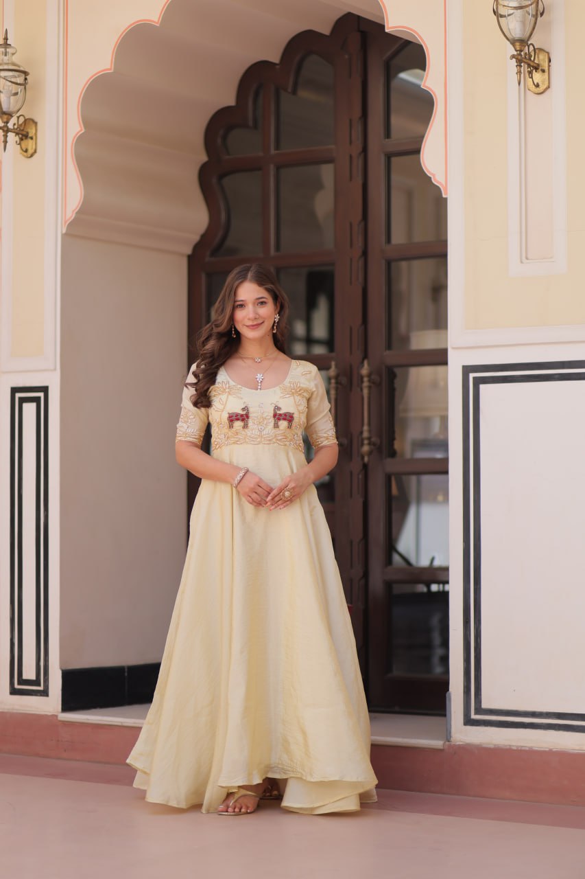 Cream Elegant Gold Crush Embroidered Gown for Women 8 Meter Umbrella Flair Party & Festive Wear