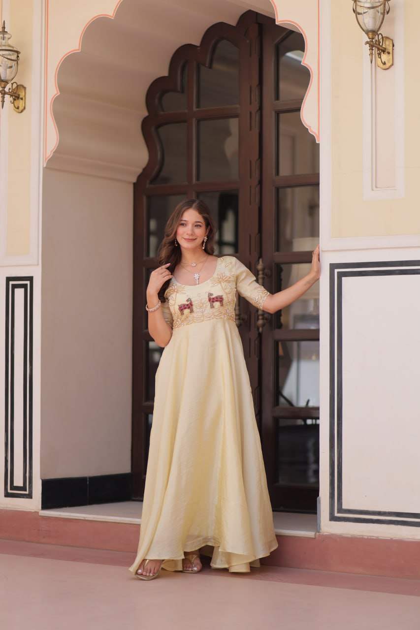 Cream Elegant Gold Crush Embroidered Gown for Women 8 Meter Umbrella Flair Party & Festive Wear