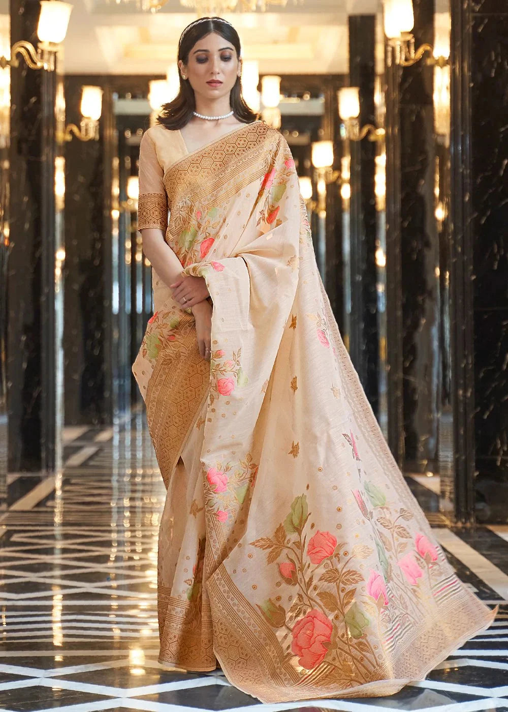 Cream Elegant Linen Saree with Floral Printed Weaving Work