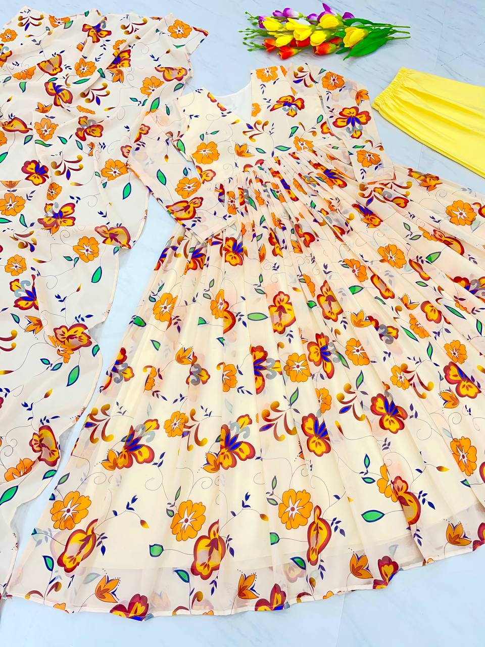 Cream Elegant Party Wear Printed Gown & Dupatta Set with Bottom – Full Stitched