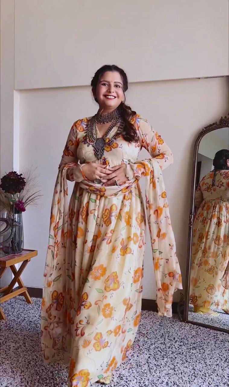 Cream Elegant Party Wear Printed Gown & Dupatta Set with Bottom – Full Stitched