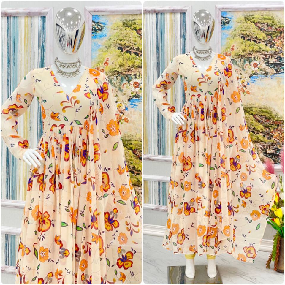 Cream Elegant Party Wear Printed Gown & Dupatta Set with Bottom – Full Stitched
