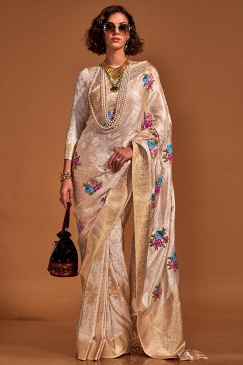 Cream Elegant Satin Traditional Saree with Zari & Thread Work