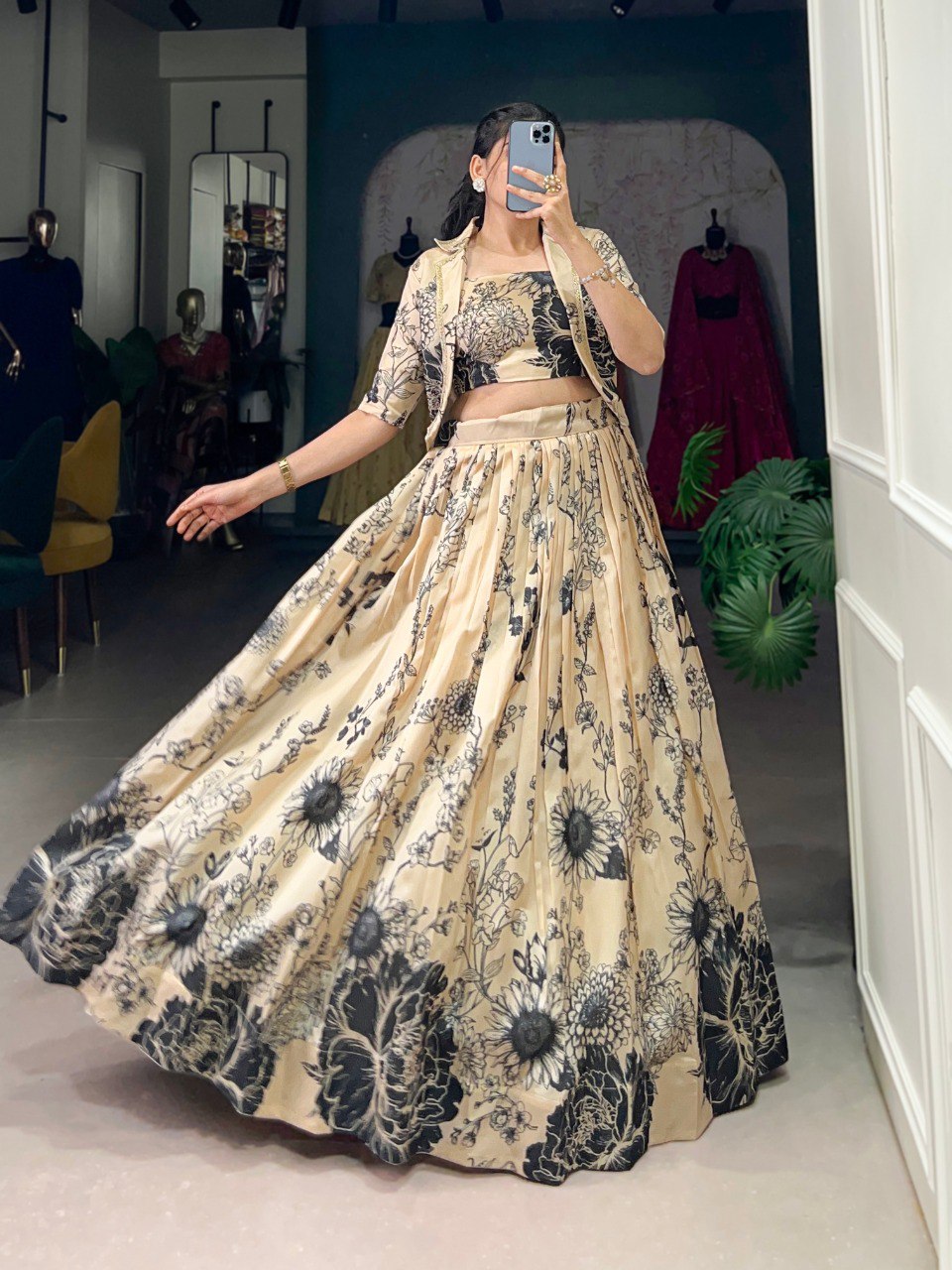 Cream Elegant Tussar Silk Floral Co-ord Set – Lehenga, Blouse & Koti