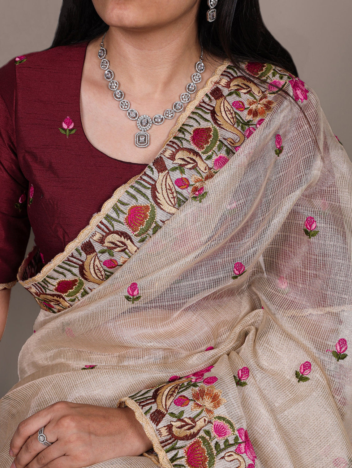 Cream Elegant Zari Kota Tissue Saree with Exquisite Thread Embroidery Work and Banglory Blouse Piece – Premium Ethnic Ensemble