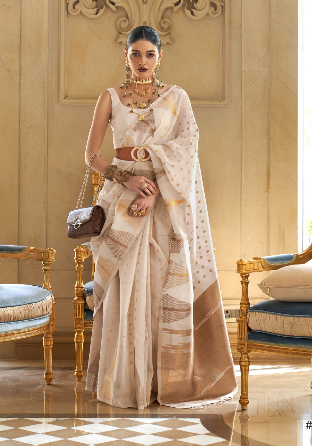 Cream Embroidered Banarasi Tissue Saree with Tassels