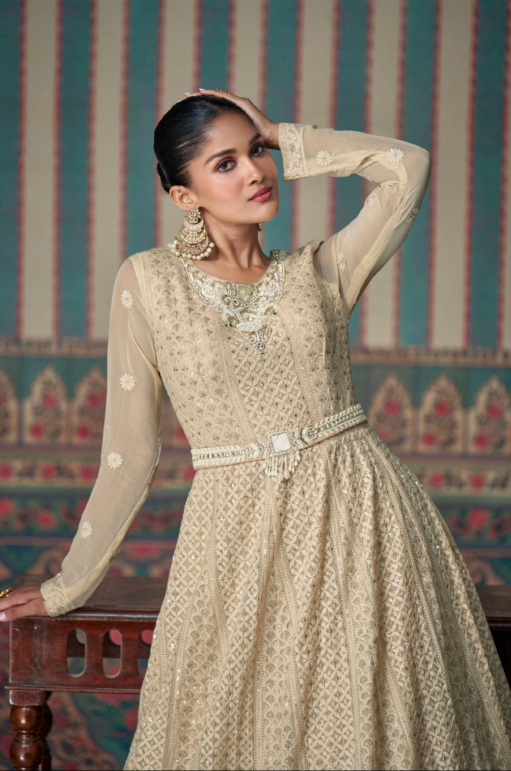 Cream Embroidered Gown with Lace Dupatta