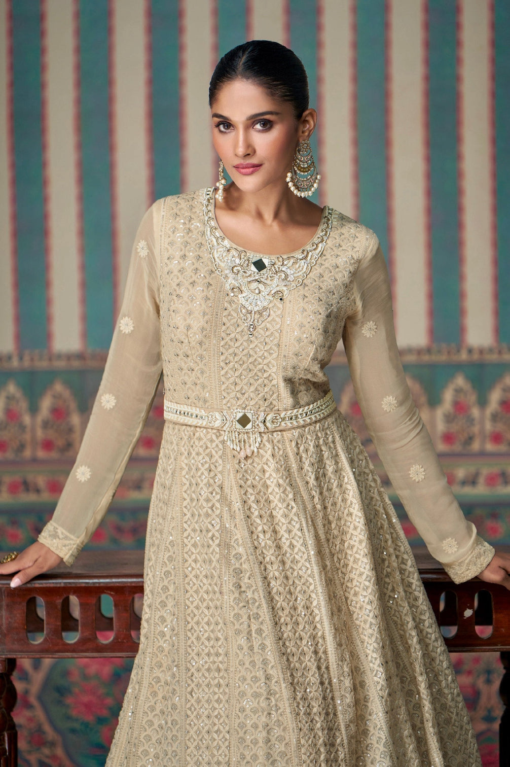 Cream Embroidered Gown with Lace Dupatta