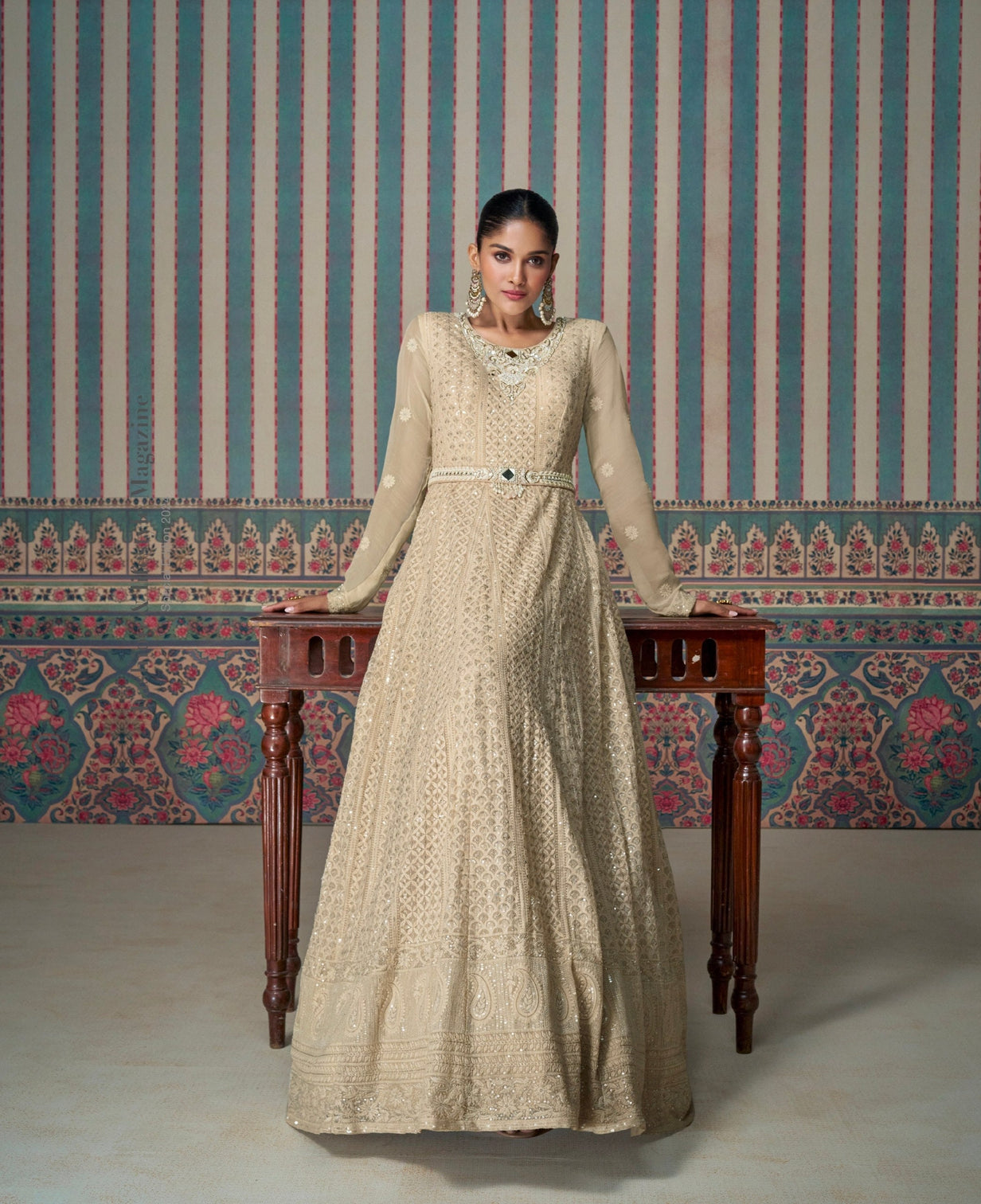 Cream Embroidered Gown with Lace Dupatta