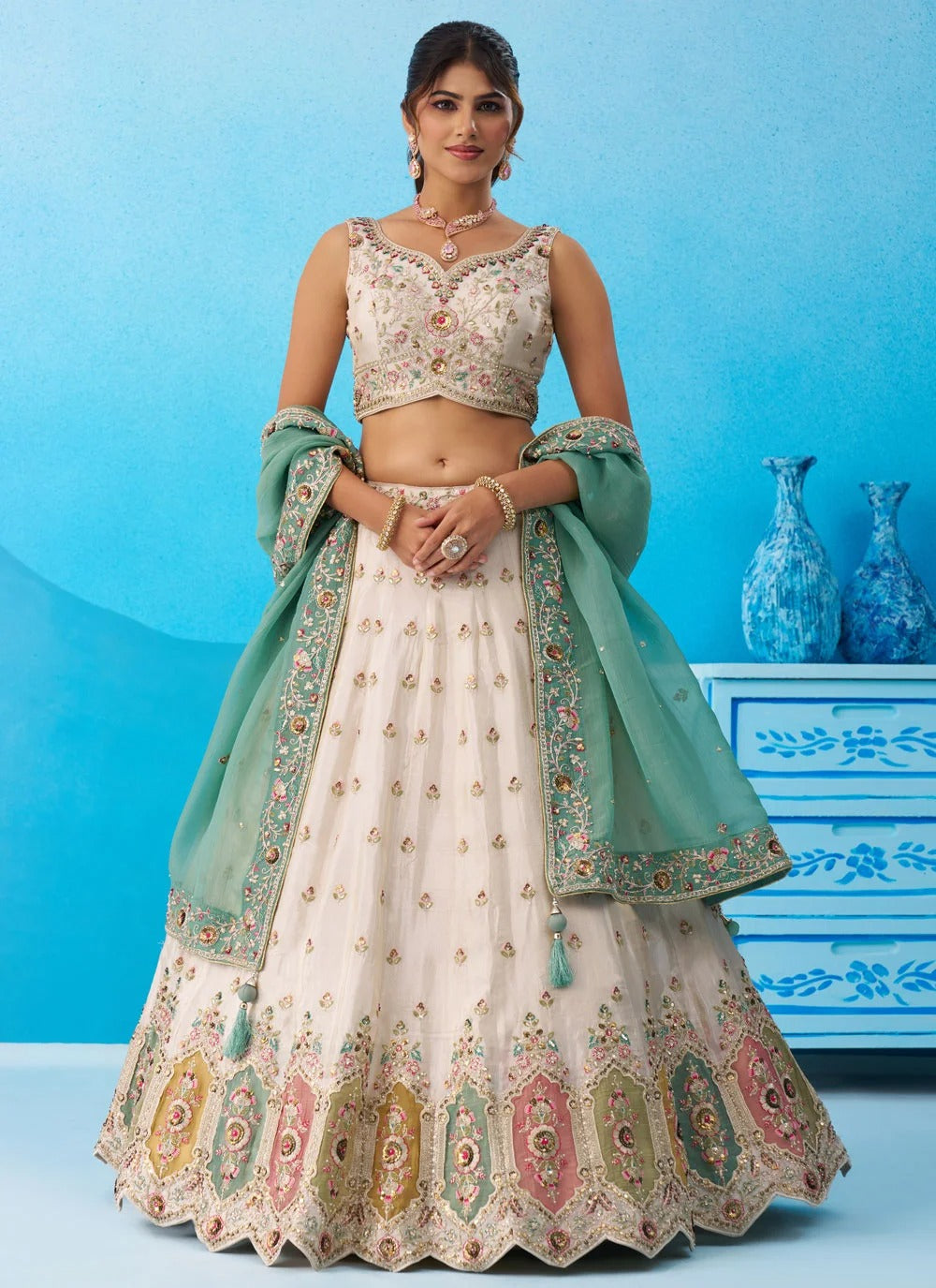 Cream embroidered tissue lehenga set with multicolor patch work