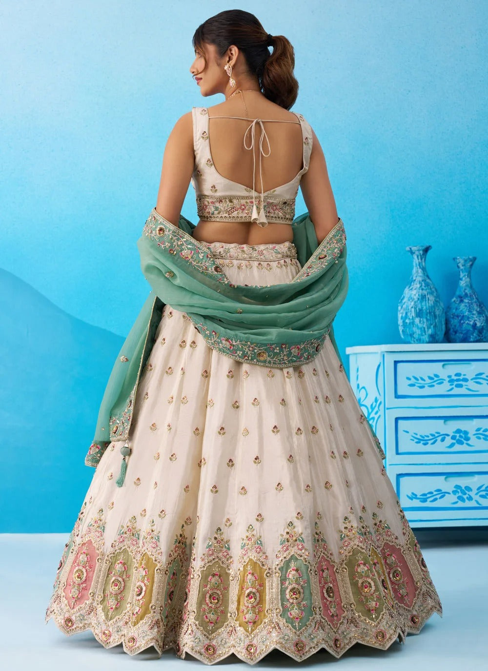 Cream embroidered tissue lehenga set with multicolor patch work