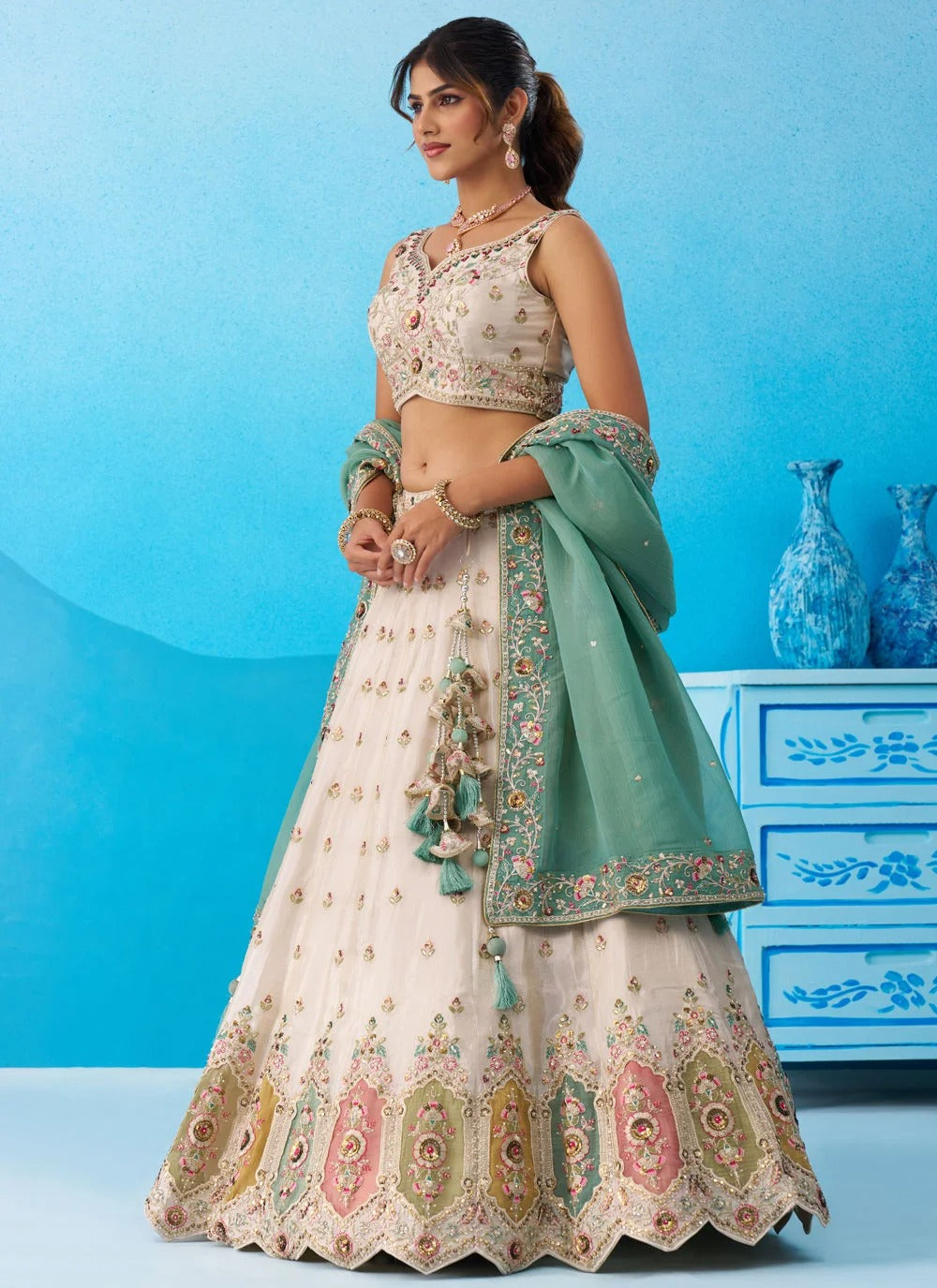 Cream embroidered tissue lehenga set with multicolor patch work