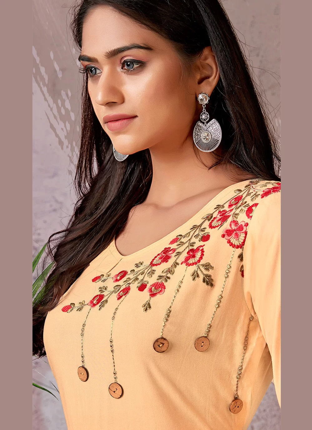 Cream embroidery heavy rayon designer kurti