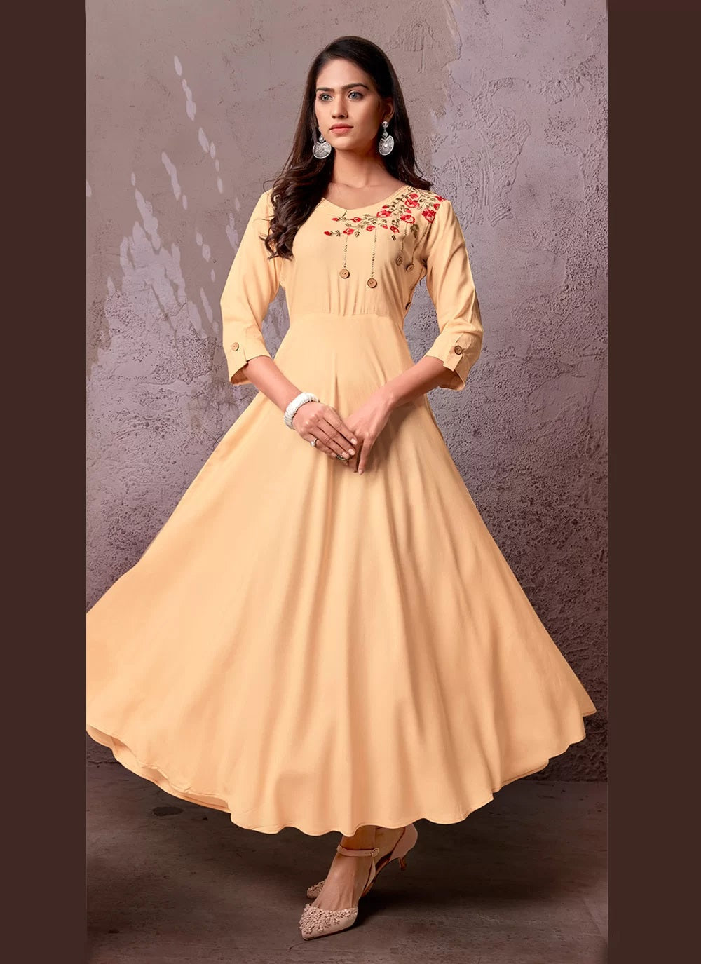 Cream embroidery heavy rayon designer kurti