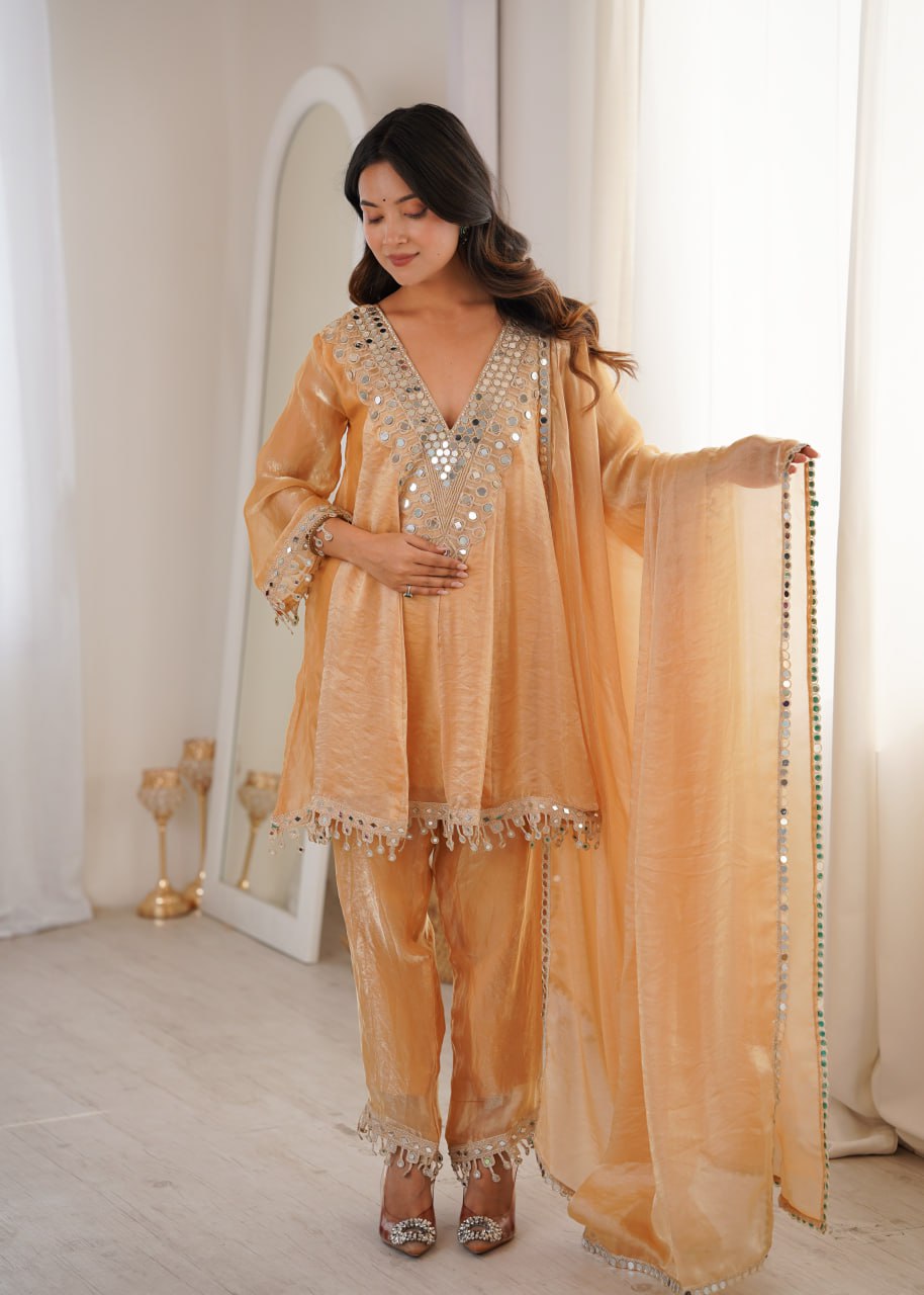 Cream Fendy Mirror Work Kurti Pant Set