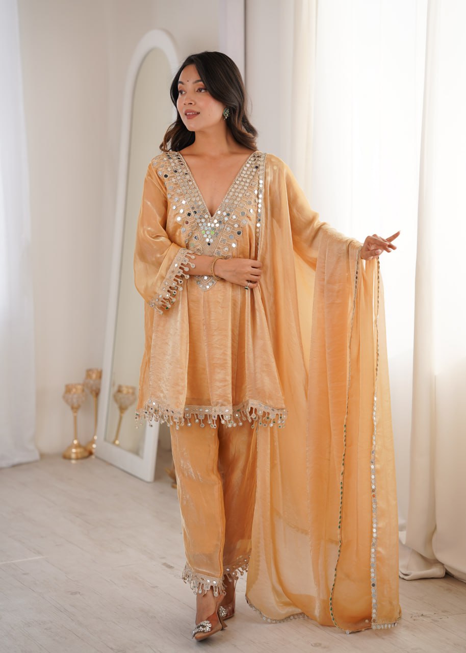Cream Fendy Mirror Work Kurti Pant Set