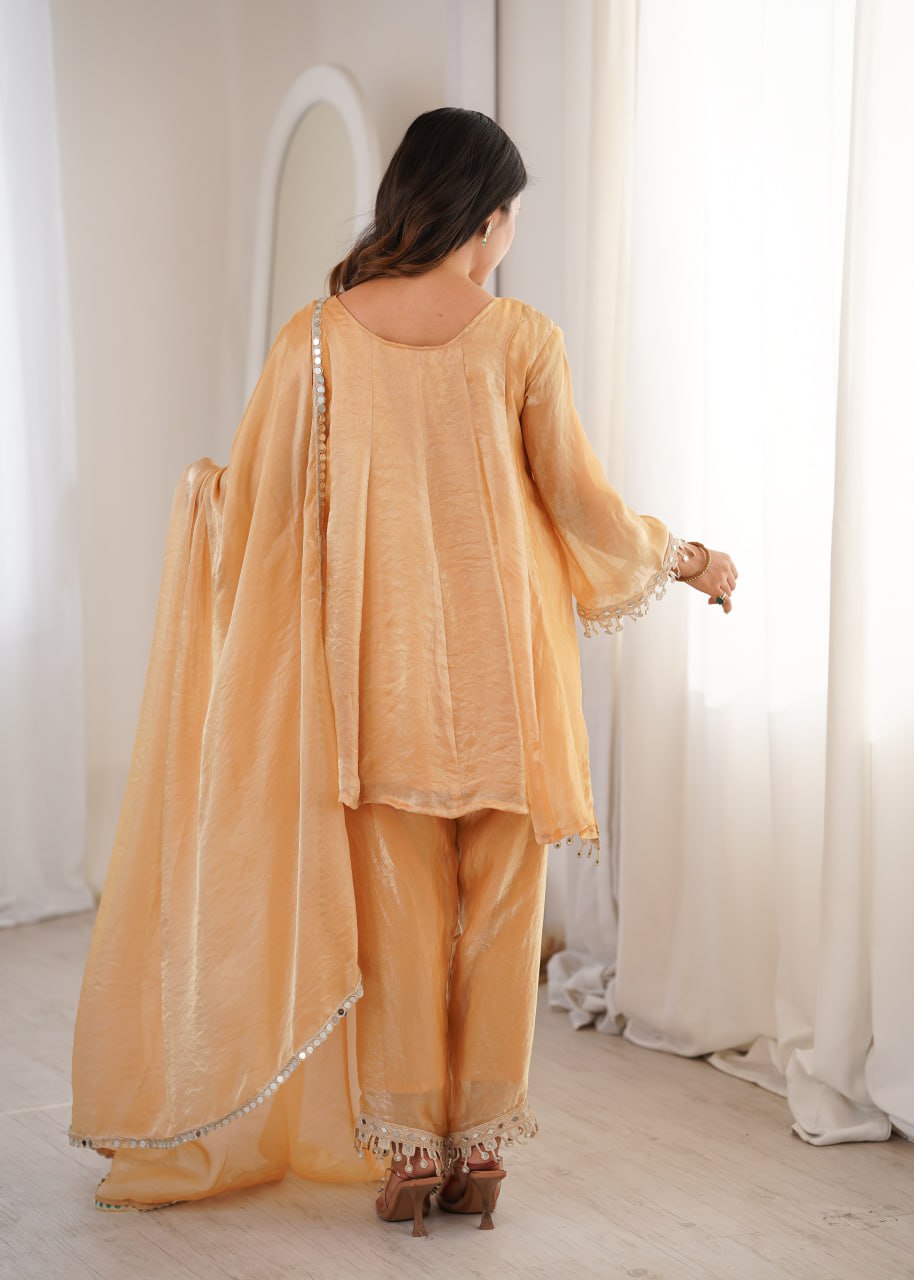 Cream Fendy Mirror Work Kurti Pant Set