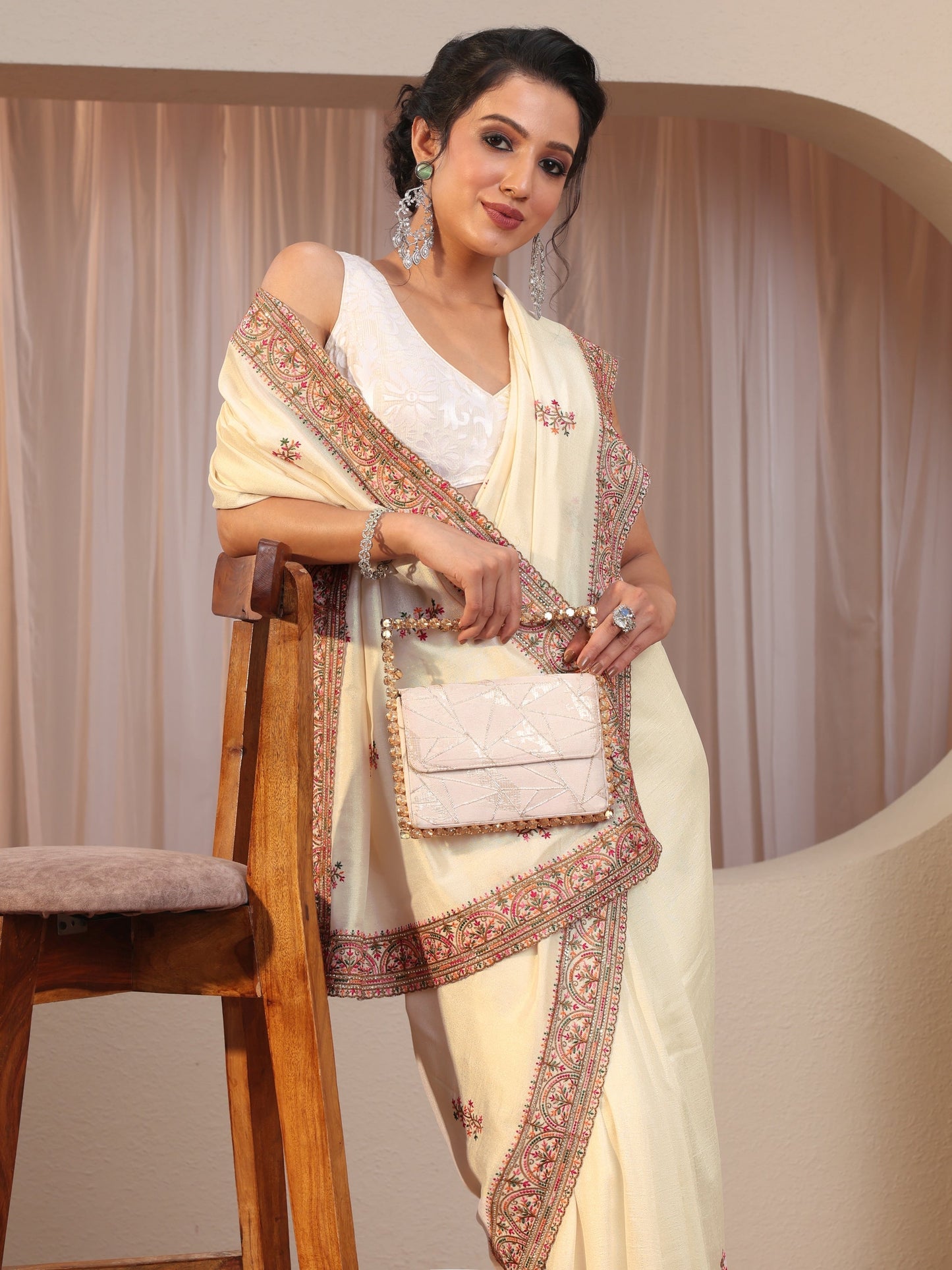 Libas Cream Floral Embroidered Silk Blend Saree