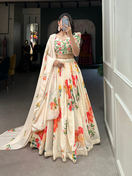 Cream Floral Georgette Lehenga Choli with Lace Border