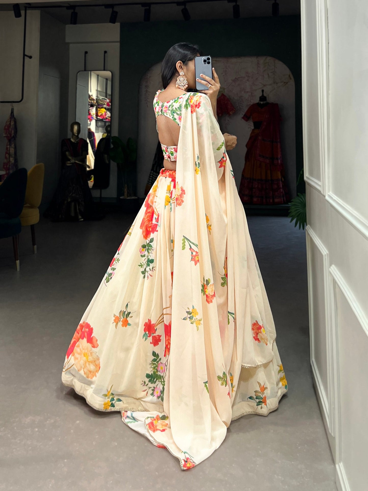 Cream Floral Georgette Lehenga Choli with Lace Border