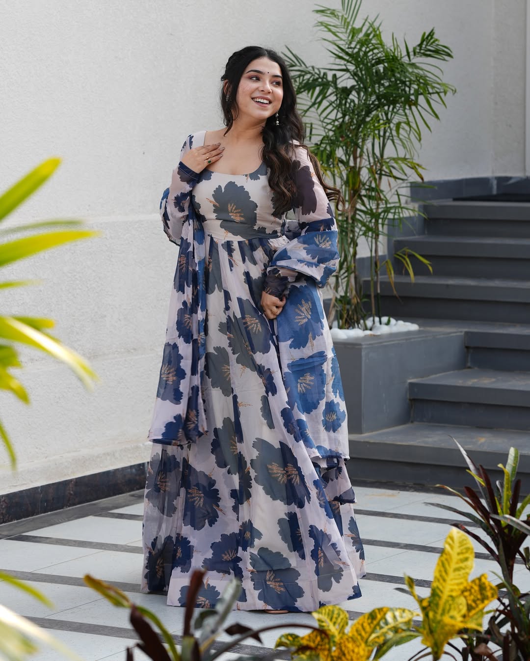 Cream Floral Print Tabby Organza Anarkali Suit Set – 3-Piece Elegant Ensemble with Dupatta