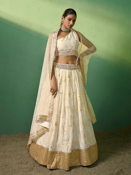 Cream Georgette Embroidered and Sequinned lehenga choli