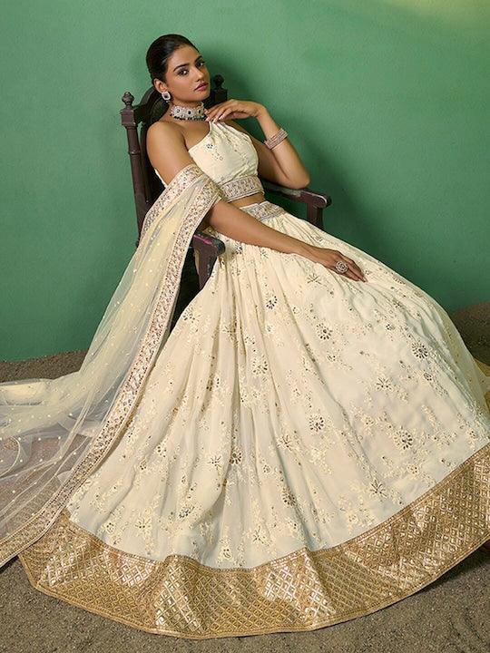 Cream Georgette Embroidered and Sequinned lehenga choli