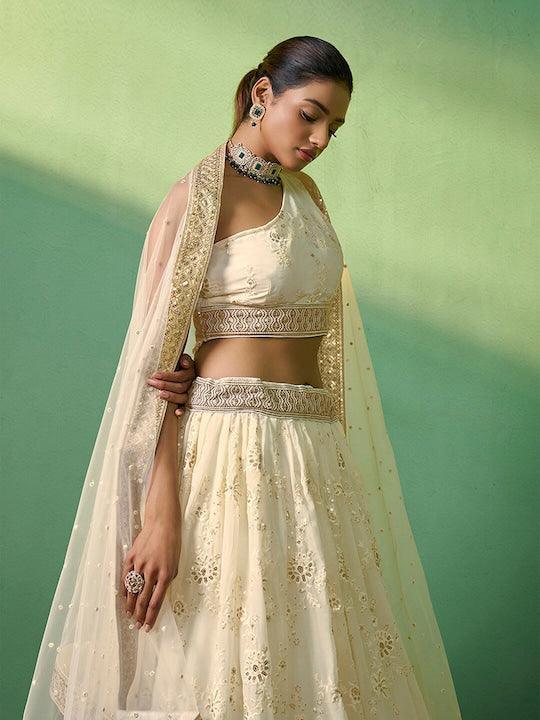 Cream Georgette Embroidered and Sequinned lehenga choli